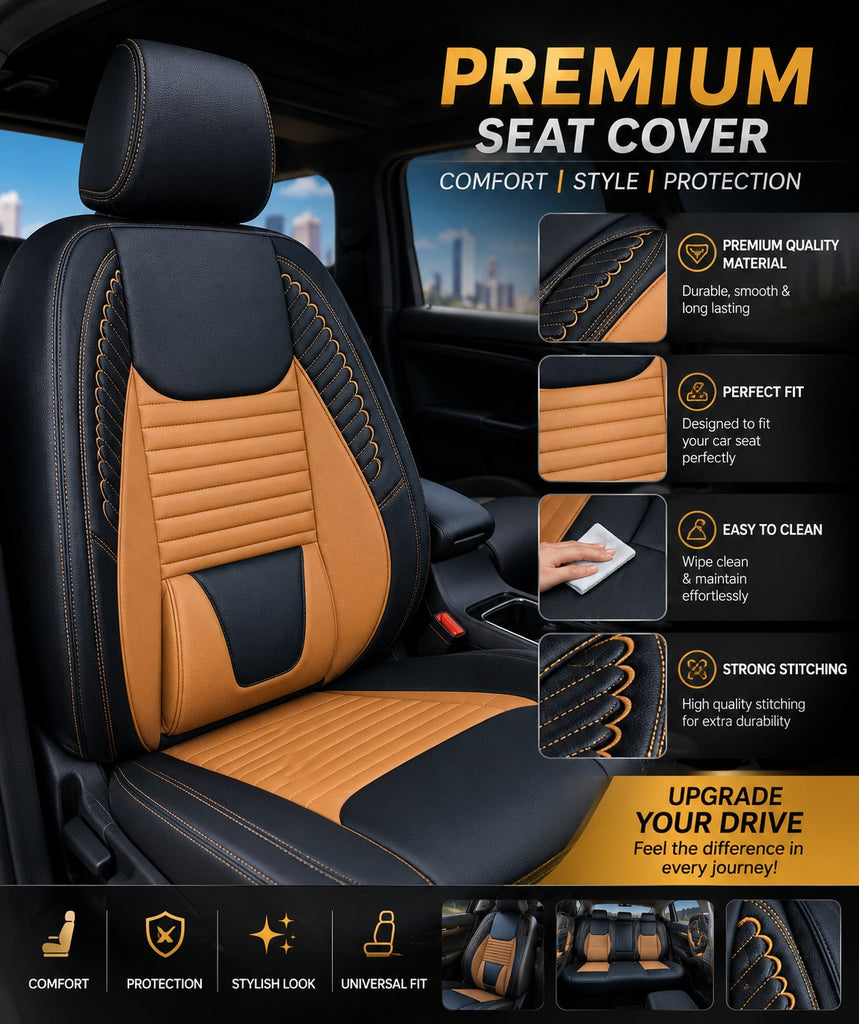 Premium PU Leather Car Seat Cover – Black & Apricot | Universal Fit for Sedan Cars